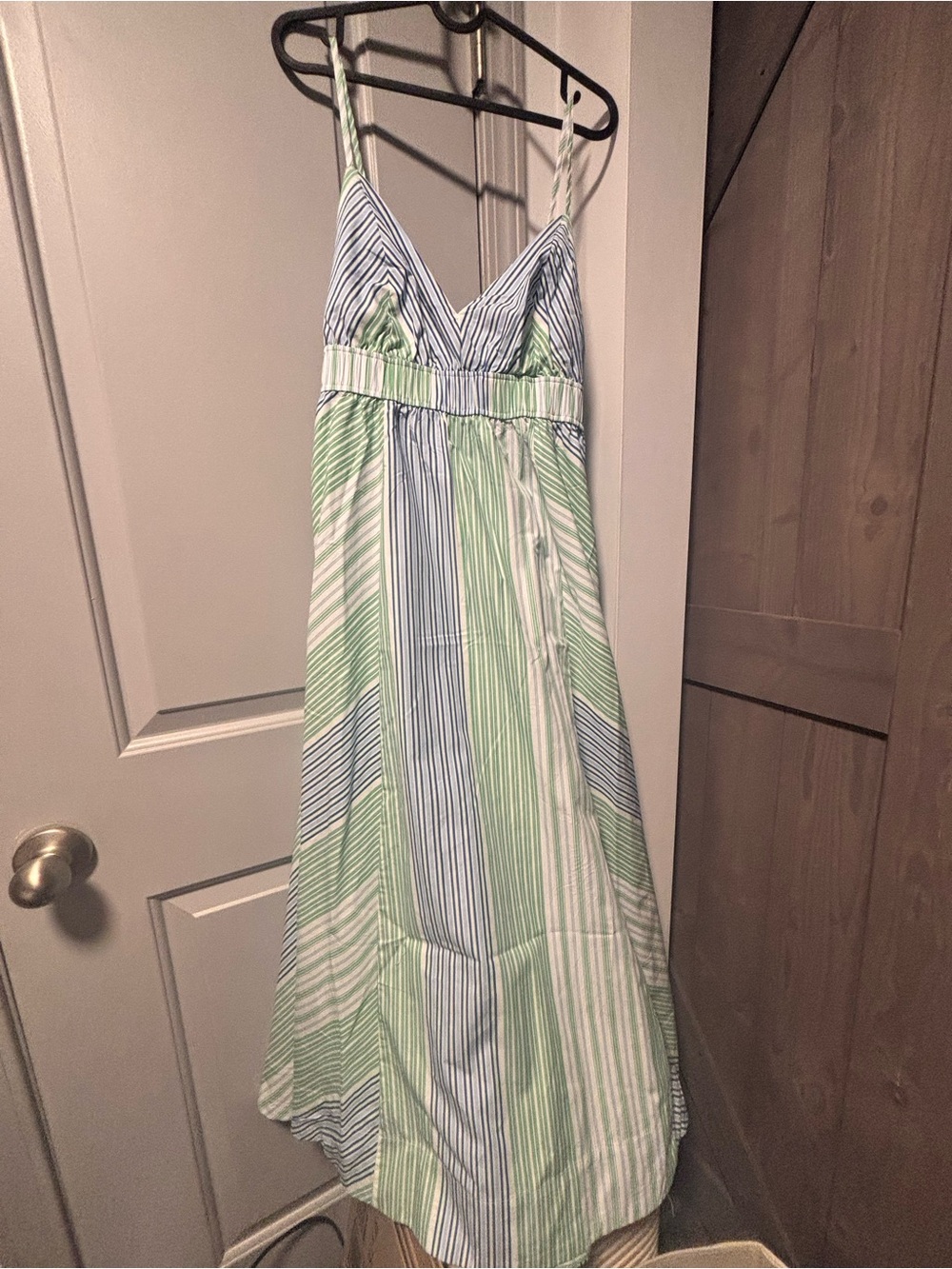 Striped Green and Blue V-Neck Spaghetti Strap Maxi Dress